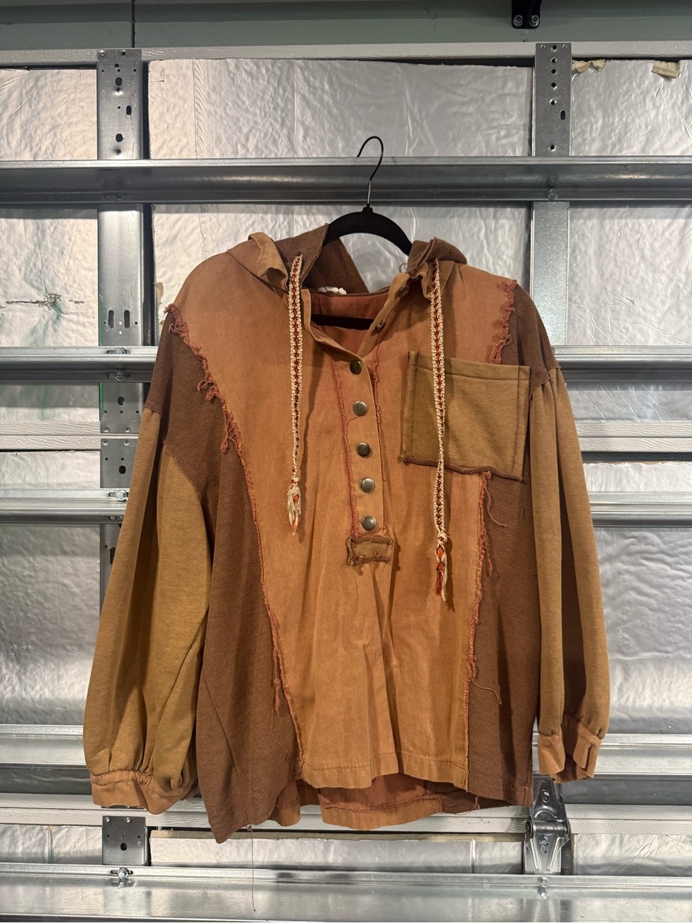 POL Boho Patchwork Pullover Hoodie in Warm Brown Tones